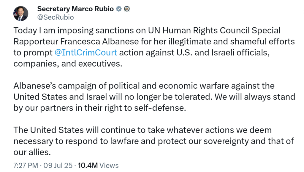 Il Tweet di Marco Rubio che annuncia le sanzioni contro Albanese