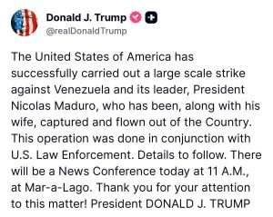Trump con un tweet annuncia la cattura di Maduro