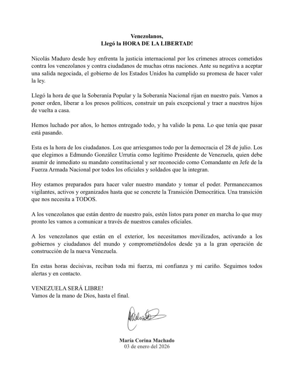 Il comunicato di Maria Corina Machado