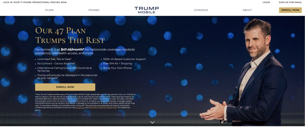 Homepage del sito ufficiale di Trump Mobile e presentazione del loro piano tariffario.