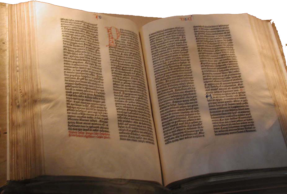 Esemplare della Bibbia di Gutenberg, nota anche come Bibbia a 42 linee, il primo libro stampato in Europa utilizzando la tecnica dei caratteri mobili, completato intorno al 1455.Il testo è disposto in due colonne per pagina, con caratteri in stile gotico.Alcune copie esistenti includono miniature e decorazioni aggiunte a mano dopo la stampa.